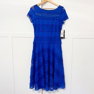 Sangria Lace Short Sleeve Flare Skirt Midi Dress Royal Blue 6 NWT